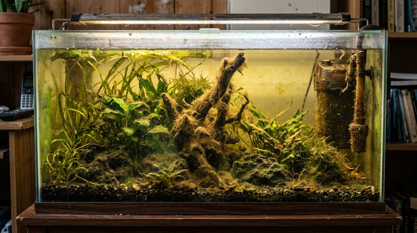 Aquarium with algae and cloudy water before maintenance